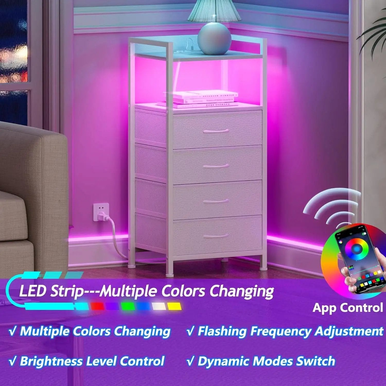 White Nightstand With Charging Station And RGB LED Lighting from PriceLows™