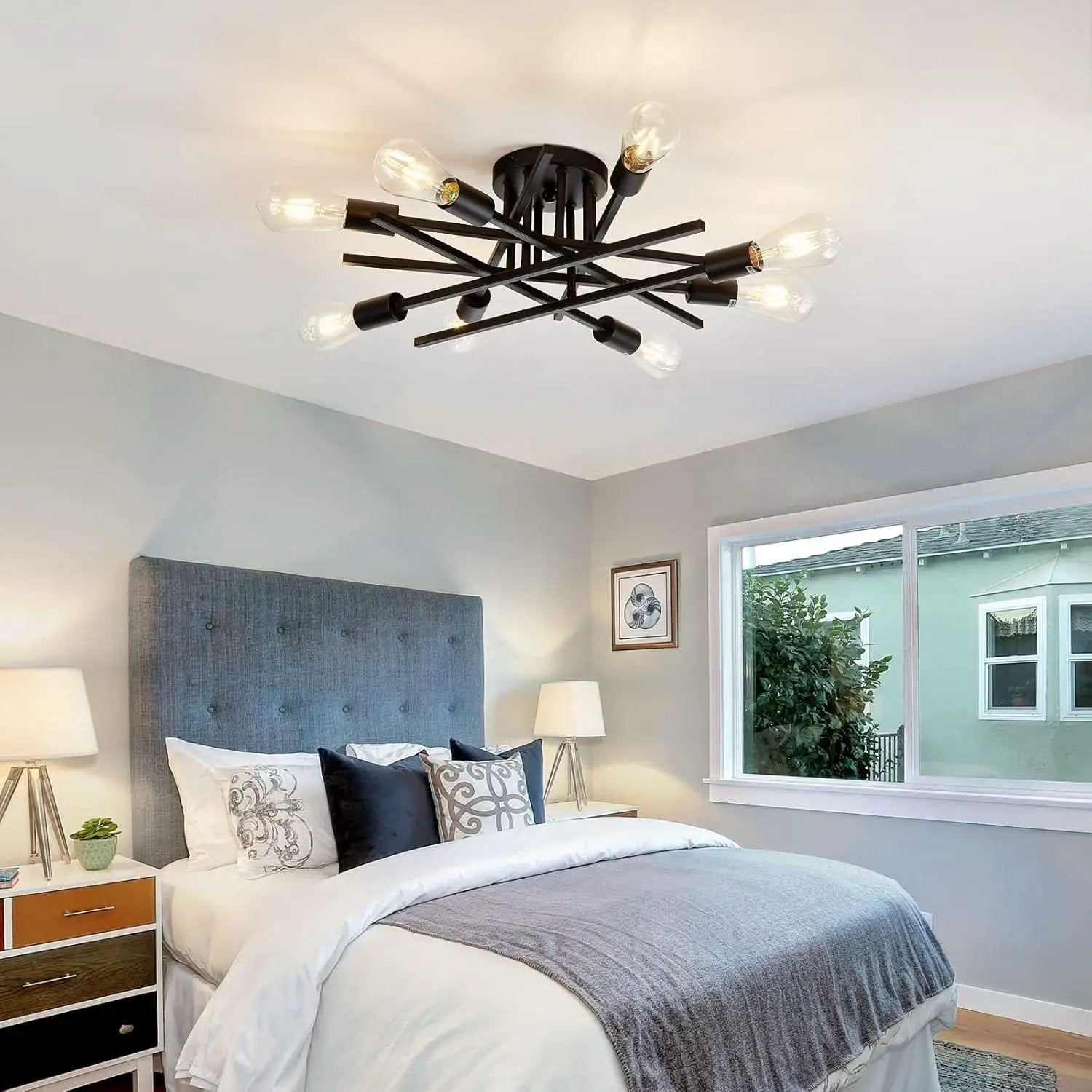 8 Light Matte Black Sputnik Chandelier Semi Flush Mount from PriceLows™