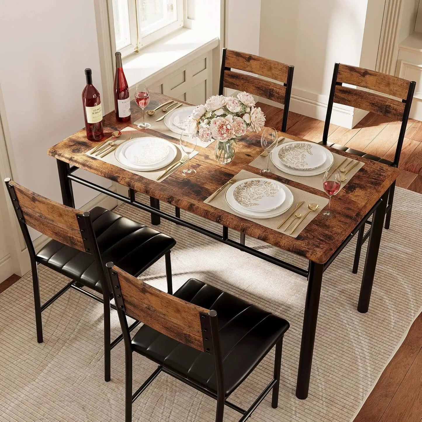 Dining Table Set For 4 Wood Kitchen Table With Upholstered Chairs Rustic Brown from PriceLows™