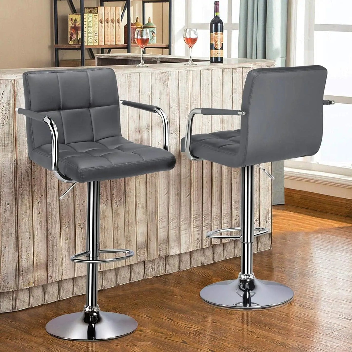 Grey Adjustable PU Leather Swivel Bar Stools Set Of 2 from PriceLows™