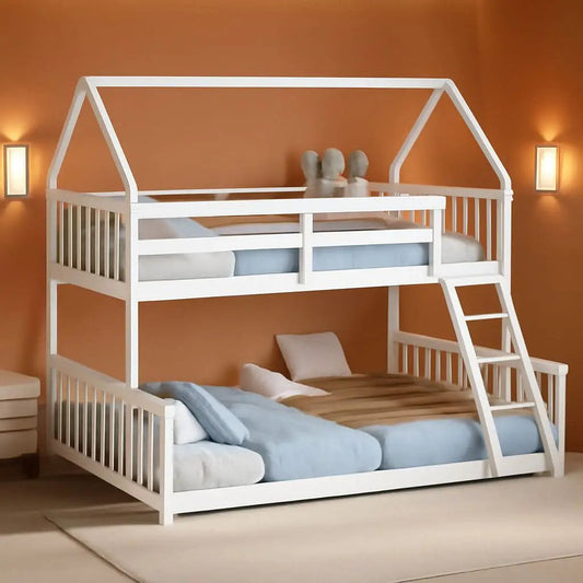 Solid Wood Twin Over Full Bunk Bed White With Guardrails from PriceLows™