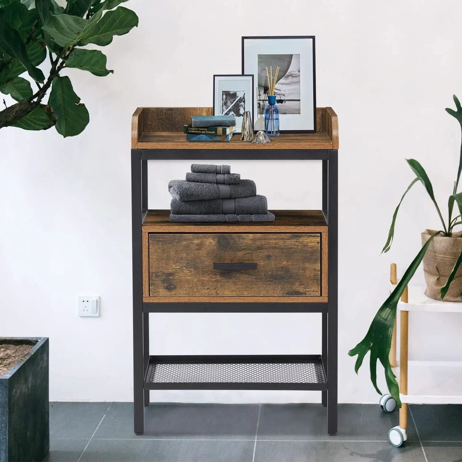 Industrial Three Tier Nightstand Set With Wood Grain Finish from PriceLows™