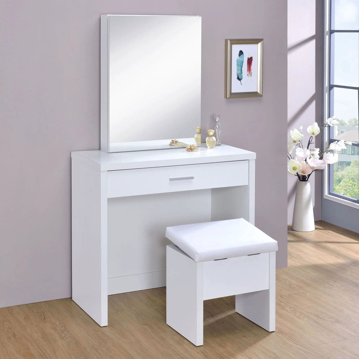 Harvey Vanity Set with Lift-Top Stool | 31.5 x 15.75 x 58.5 in | Bathroom Furniture | White
