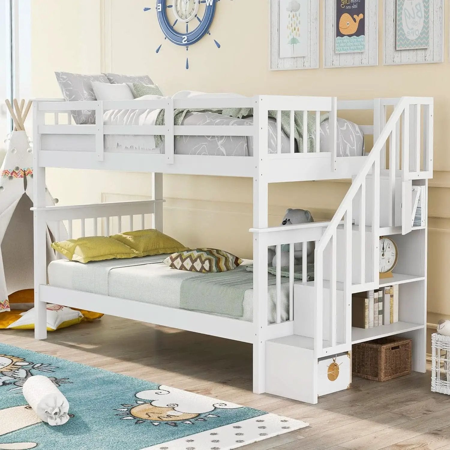 Twin Over Twin Bunk Bed With Stairs Solid Wood White from PriceLows™