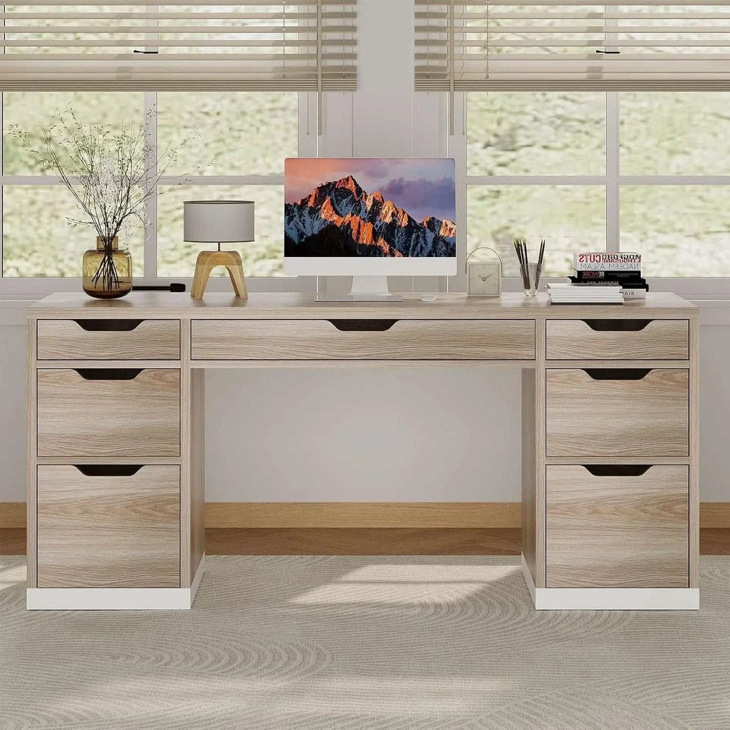 54 Inch Computer Desk With Storage Drawers White Walnut from PriceLows™