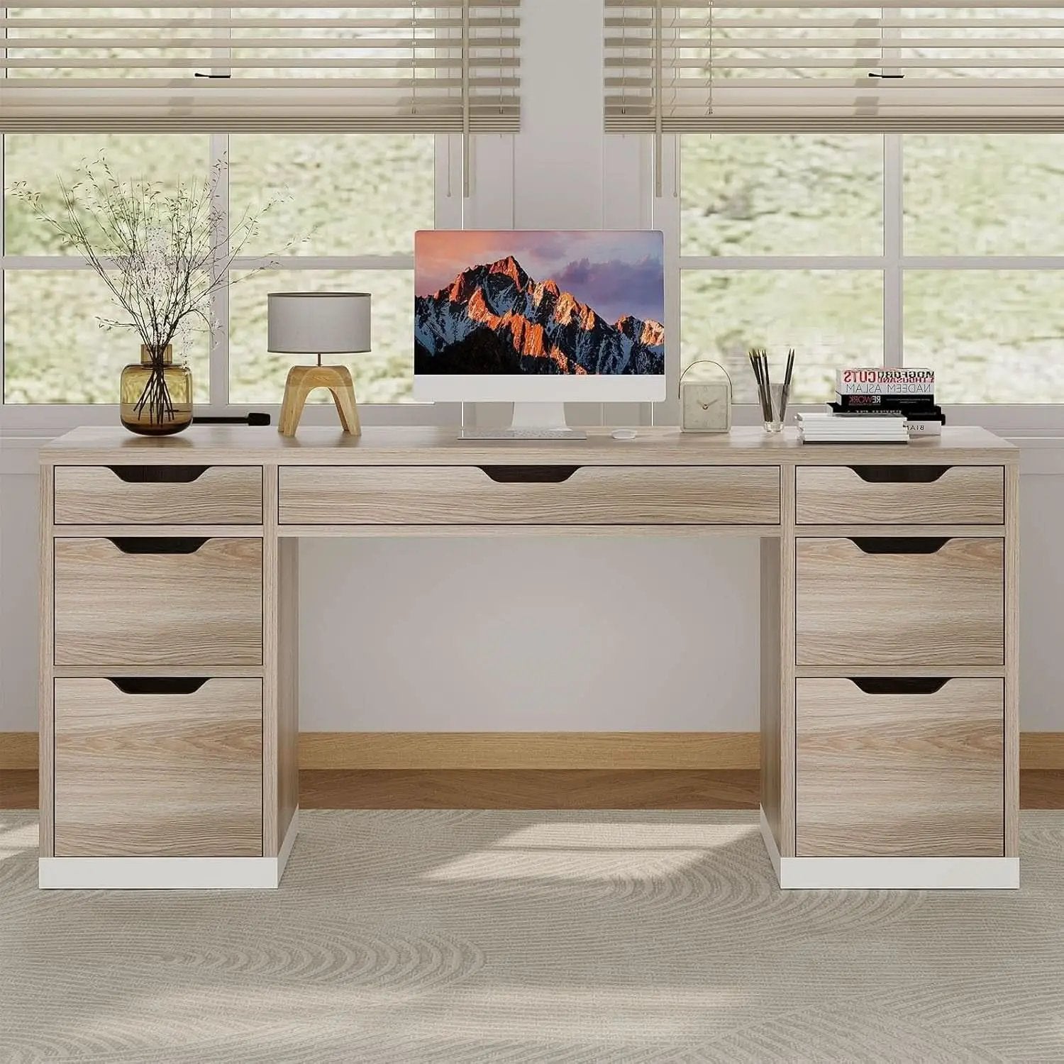 54 Inch Computer Desk With Storage Drawers White Walnut from PriceLows™