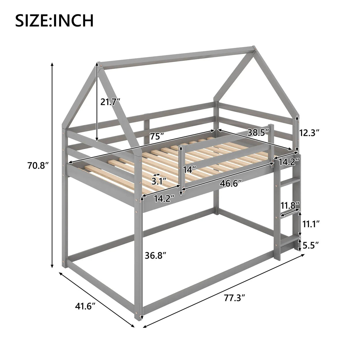Low Bunk Bed | House-Shaped Frame | Ladder Included | Pine Wood Construction