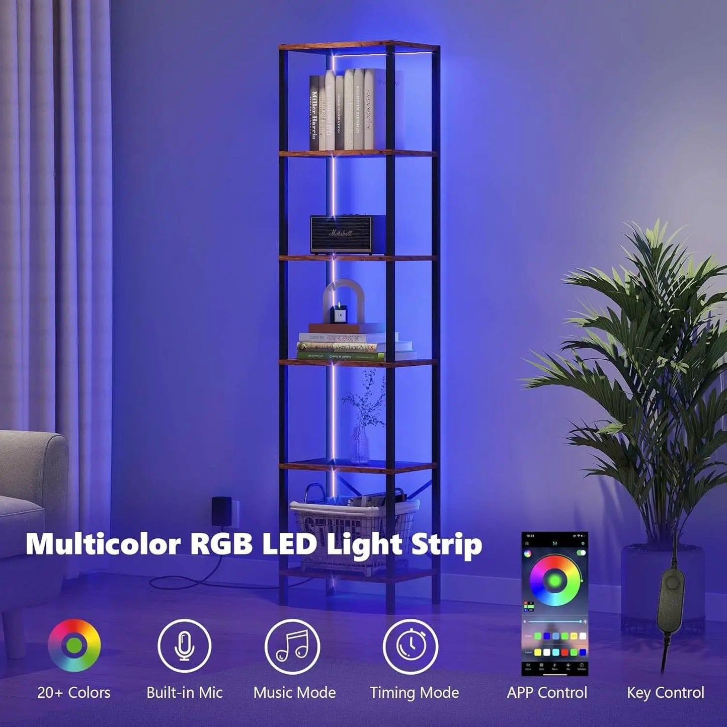 6 Tier Bookshelf With LED Lights In Rustic Brown Living Room from PriceLows™