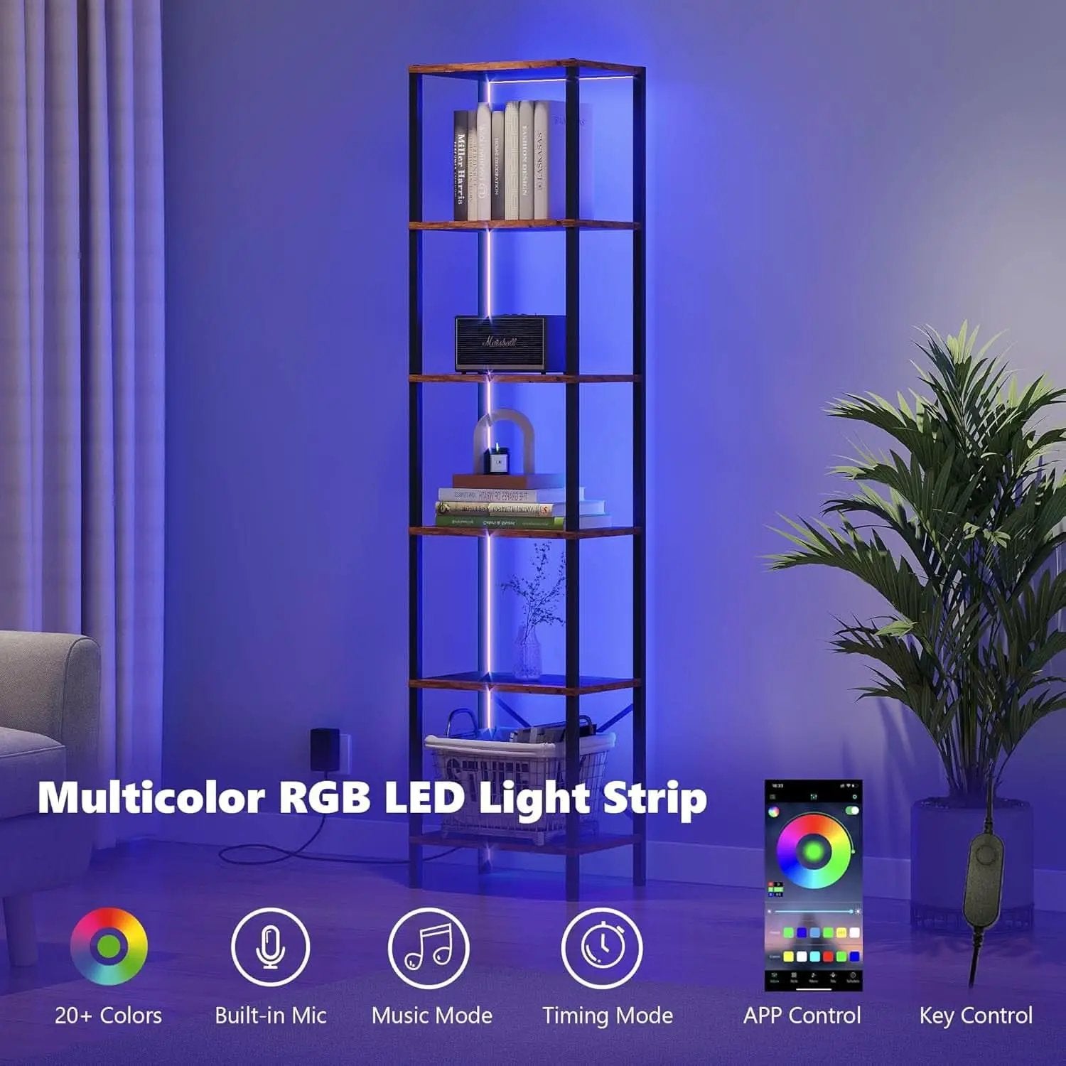 6 Tier Bookshelf With LED Lights In Rustic Brown Living Room from PriceLows™