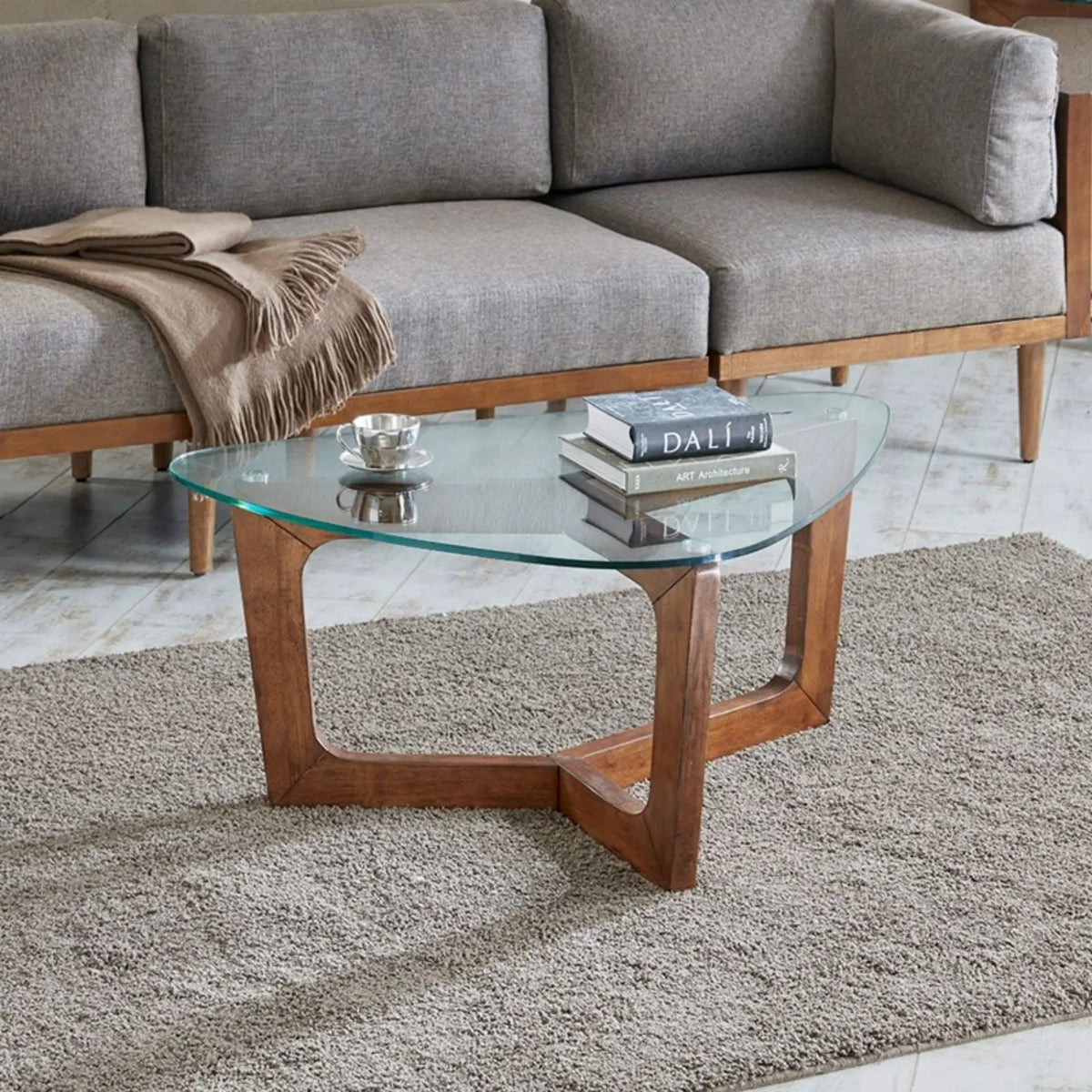Walker Mid-Century Coffee Table | Brown | Solid Wood Frame | Tempered Glass Top