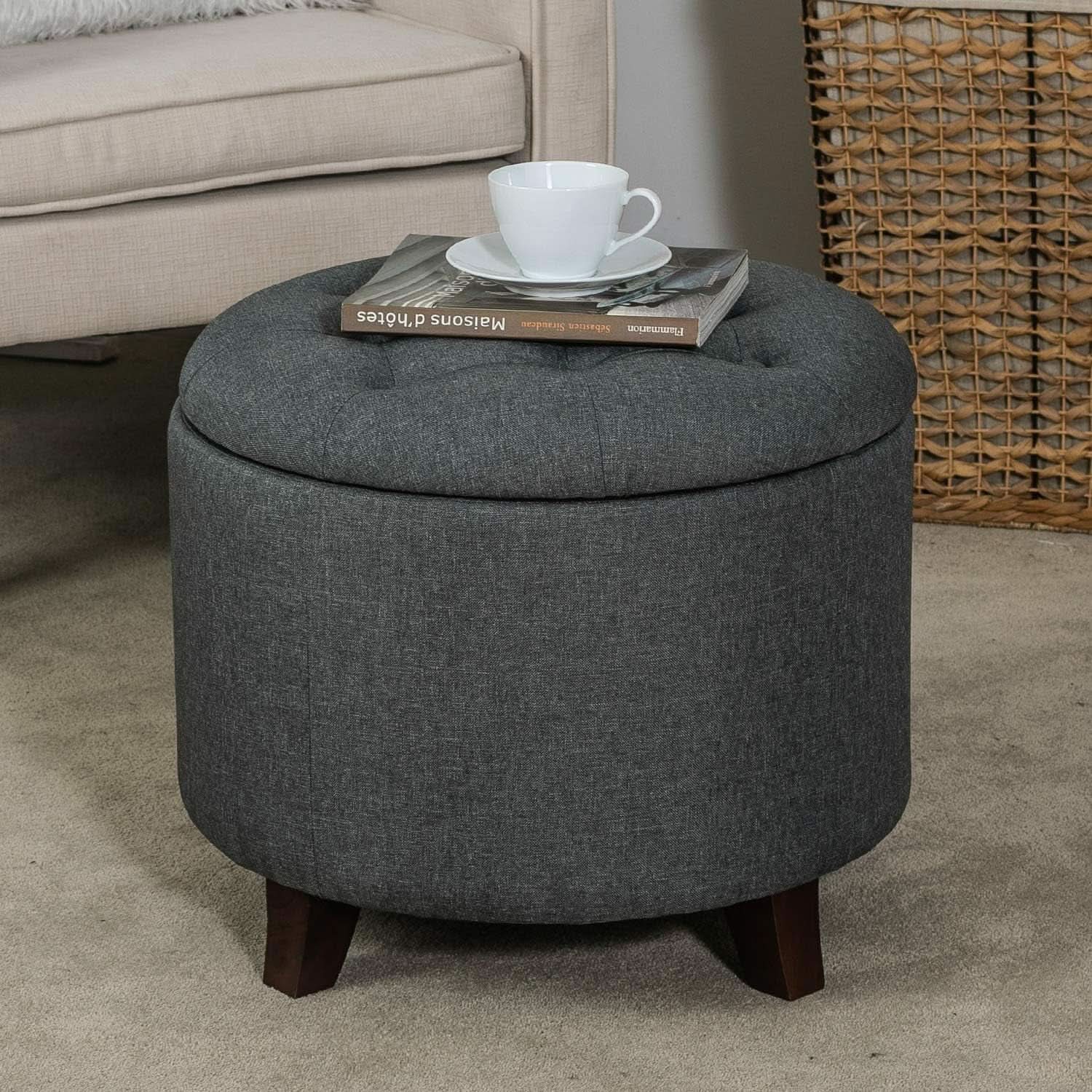 Gray Fabric Round Storage Ottoman With Button Tufting from PriceLows™