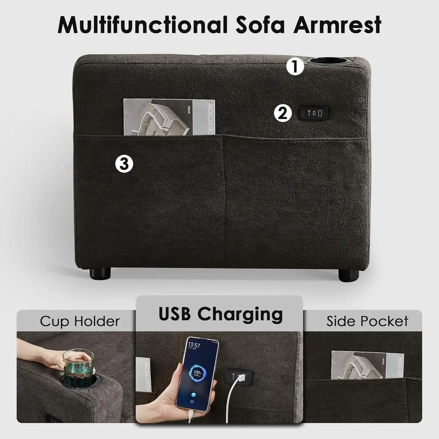 Dark Grey Microfiber Reversible Sectional Sofa Bed With USB from PriceLows™