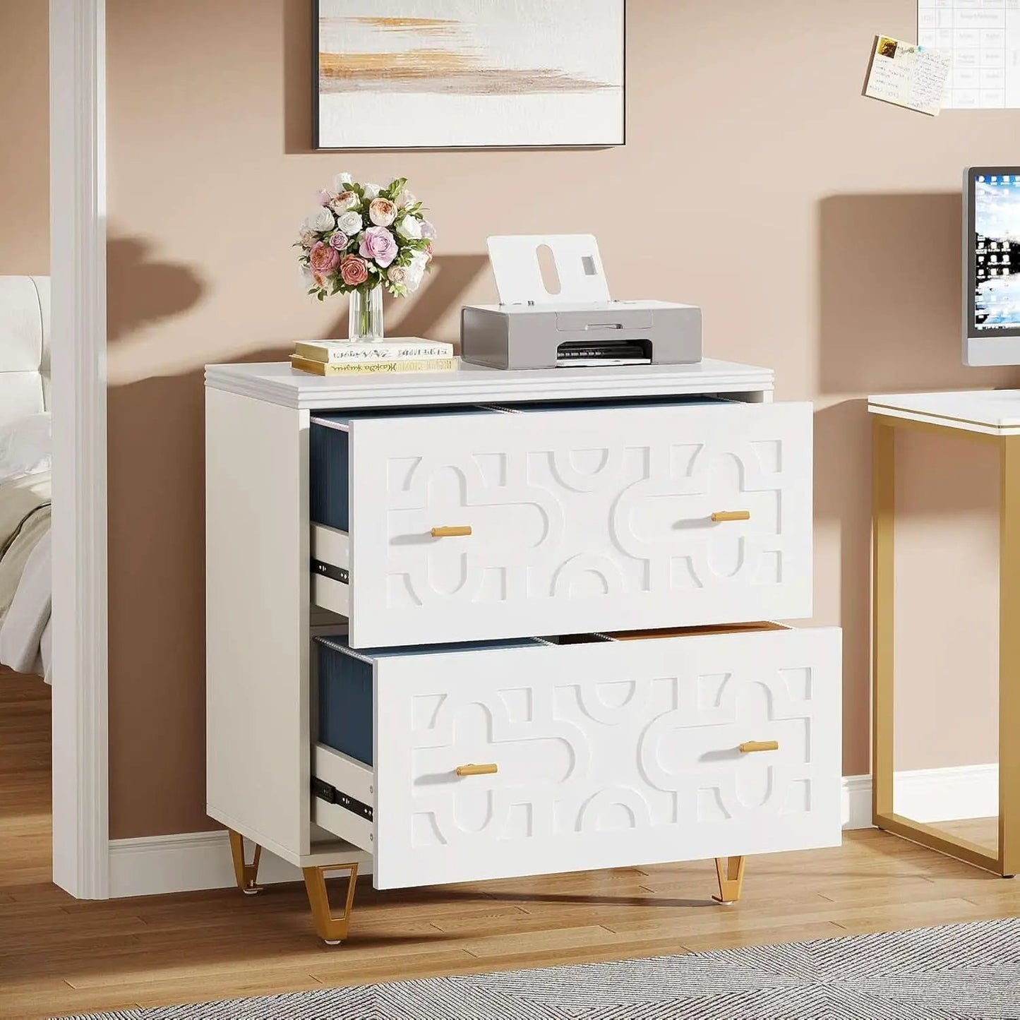 Two Drawer Lateral File Cabinet White And Gold For Legal Letter A4 Files Printer Stand Home Office from PriceLows™