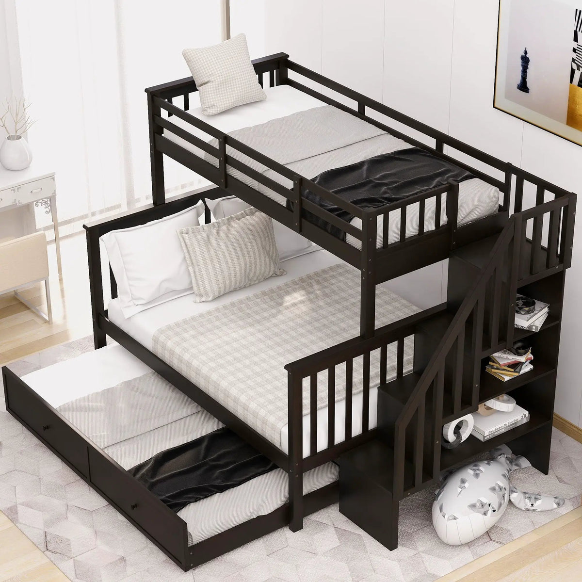 Twin Bunk Bed With Trundle | Hidden Stair Storage | Guard Rail | Bedroom Furniture