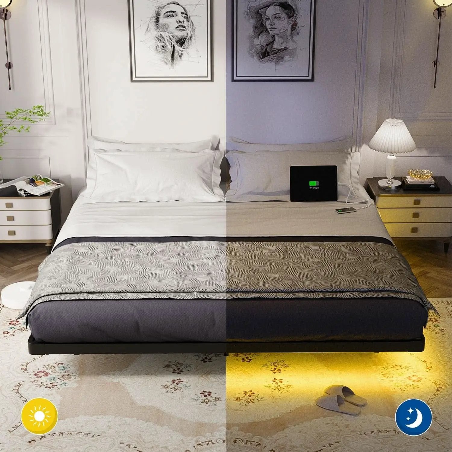King Size Floating Bed Frame With Integrated LED Lighting from PriceLows™