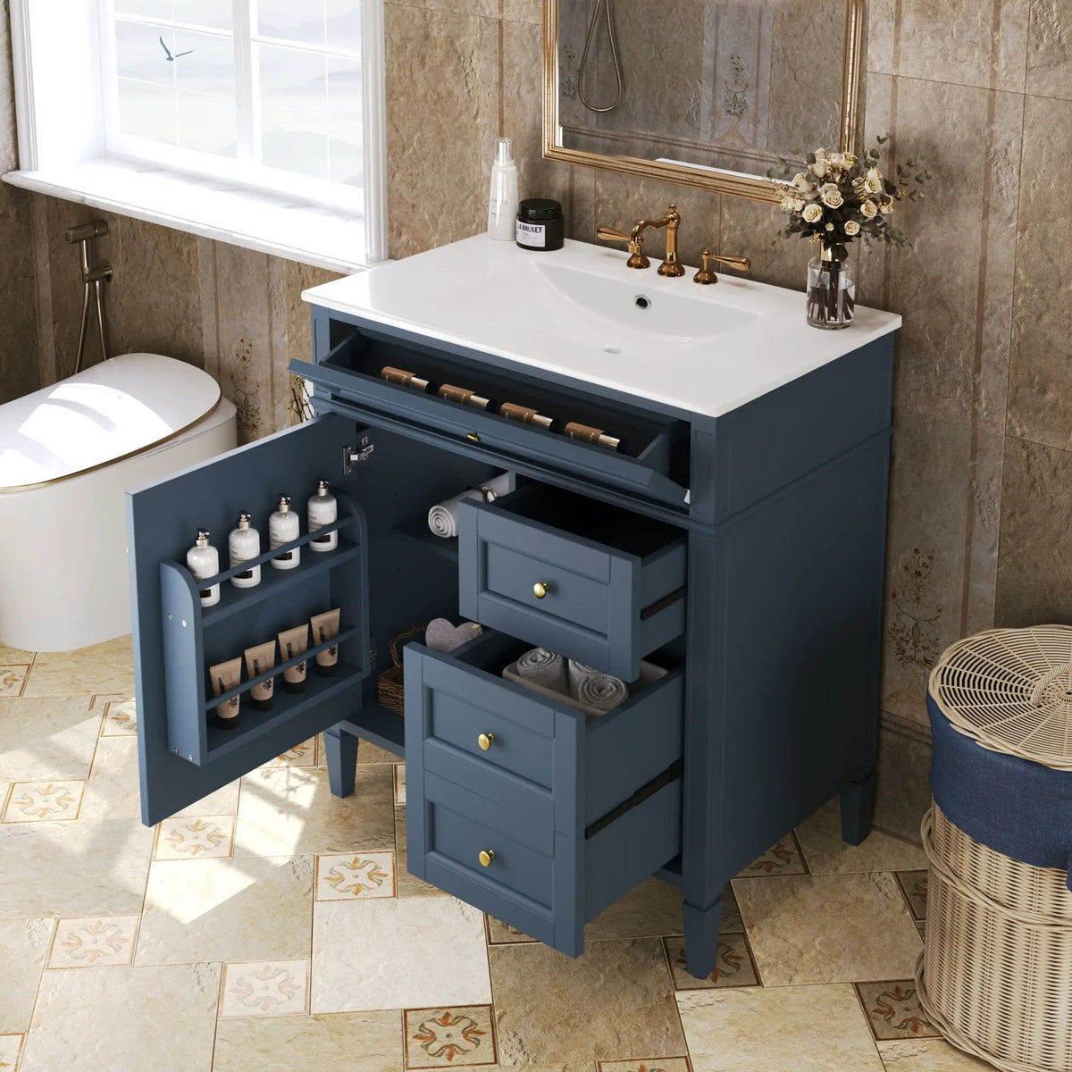 30 Inch Bathroom Vanity With Top Sink | 2 Drawers | Tip-Out Drawer | Vintage-Inspired Handles