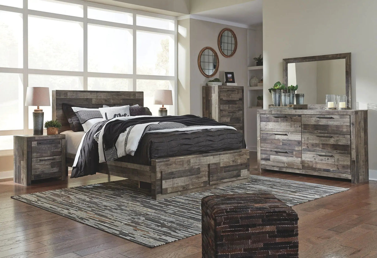 Derekson Panel Bedroom Set | 4-Piece | Rustic Butcher Block Finish | Replicated Pine Grain