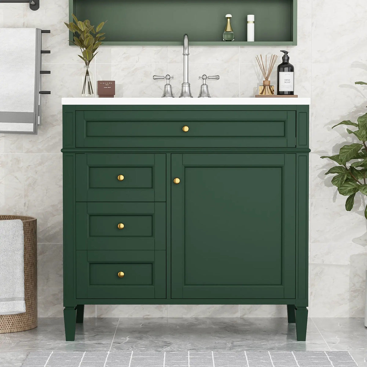 36 Inch Bathroom Vanity With Top Sink | 3 Drawers | Metal Drawer Slides | Ceramic Sink
