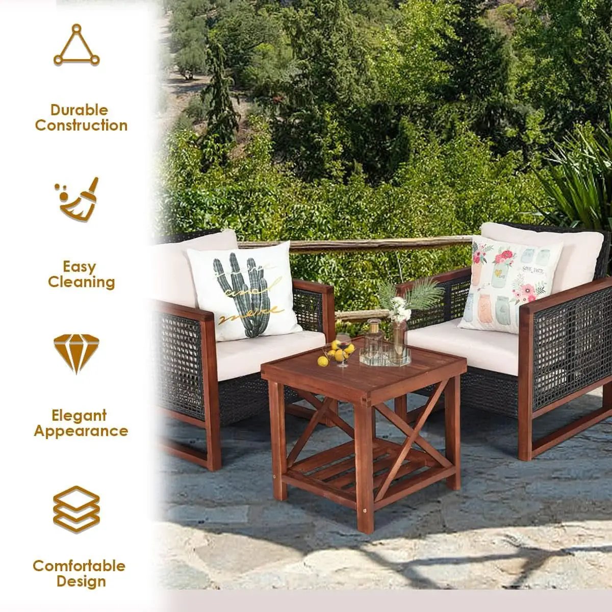 3 Piece Outdoor Patio Furniture Set With Wicker Chairs And Coffee Table Washable Cushions Acacia Wood Frame from PriceLows™