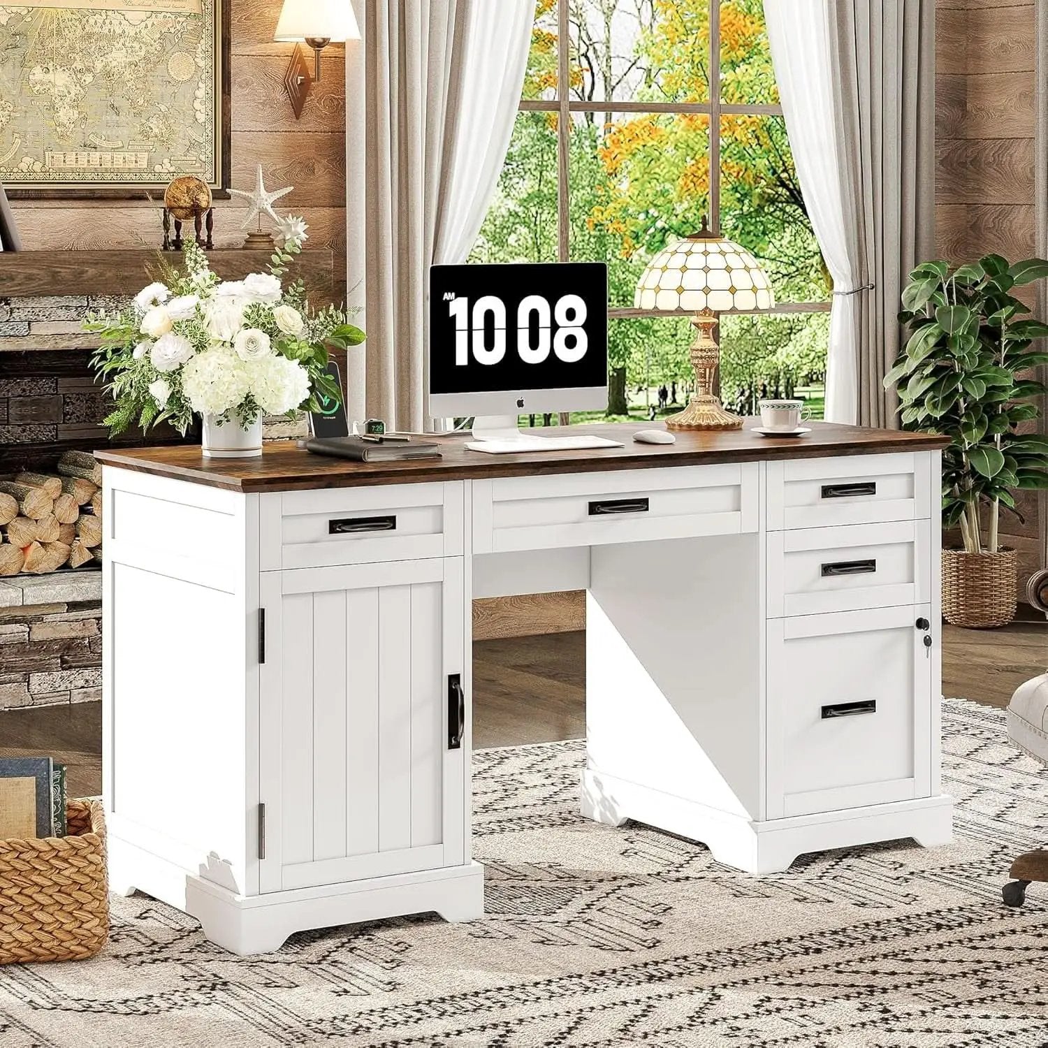 55 Inch Farmhouse Executive Desk With File Cabinet And Power Outlets from PriceLows™