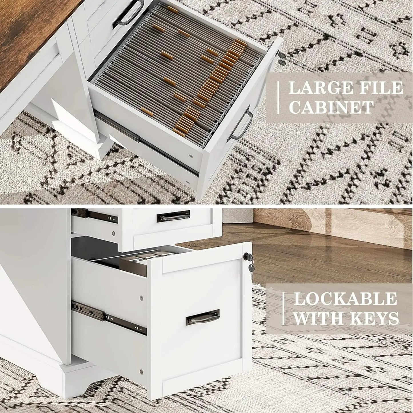 55 Inch Farmhouse Executive Desk With File Cabinet And Power Outlets from PriceLows™