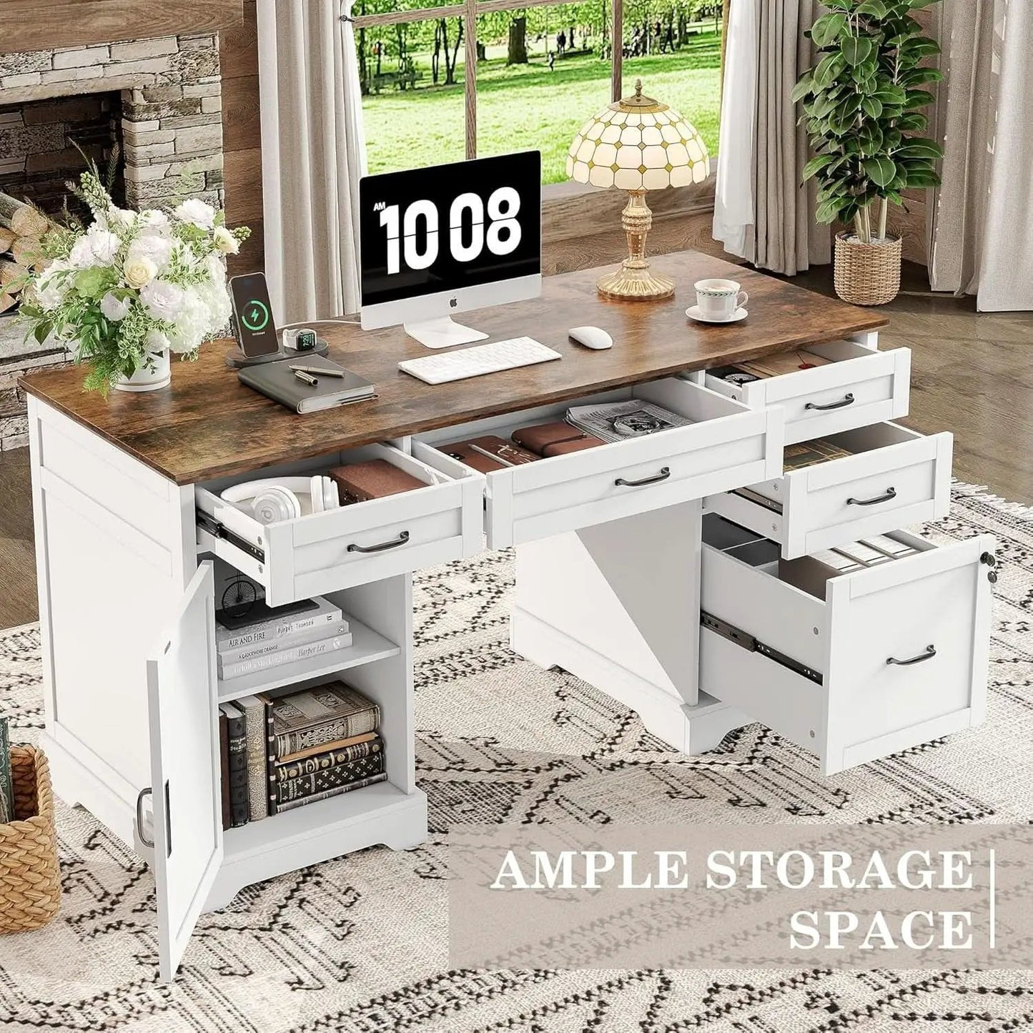 55 Inch Farmhouse Executive Desk With File Cabinet And Power Outlets from PriceLows™