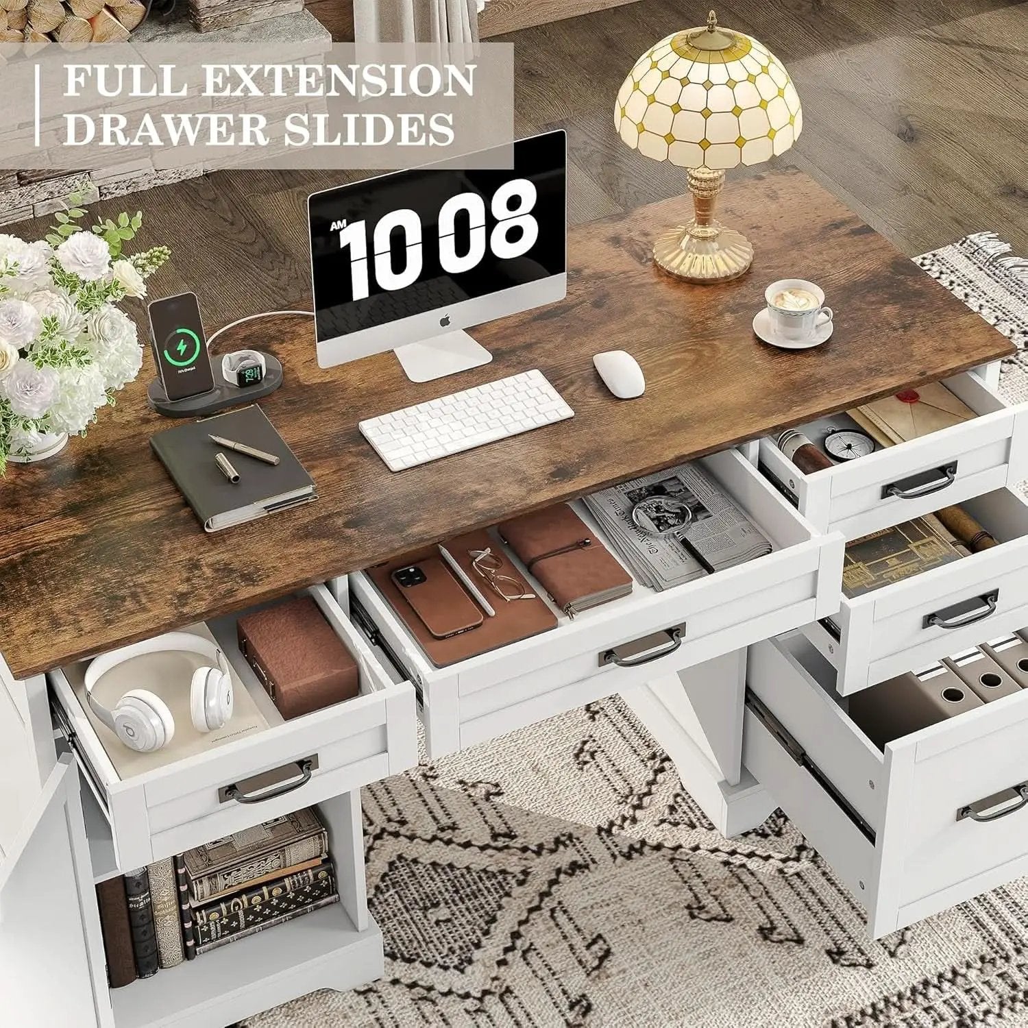 55 Inch Farmhouse Executive Desk With File Cabinet And Power Outlets from PriceLows™