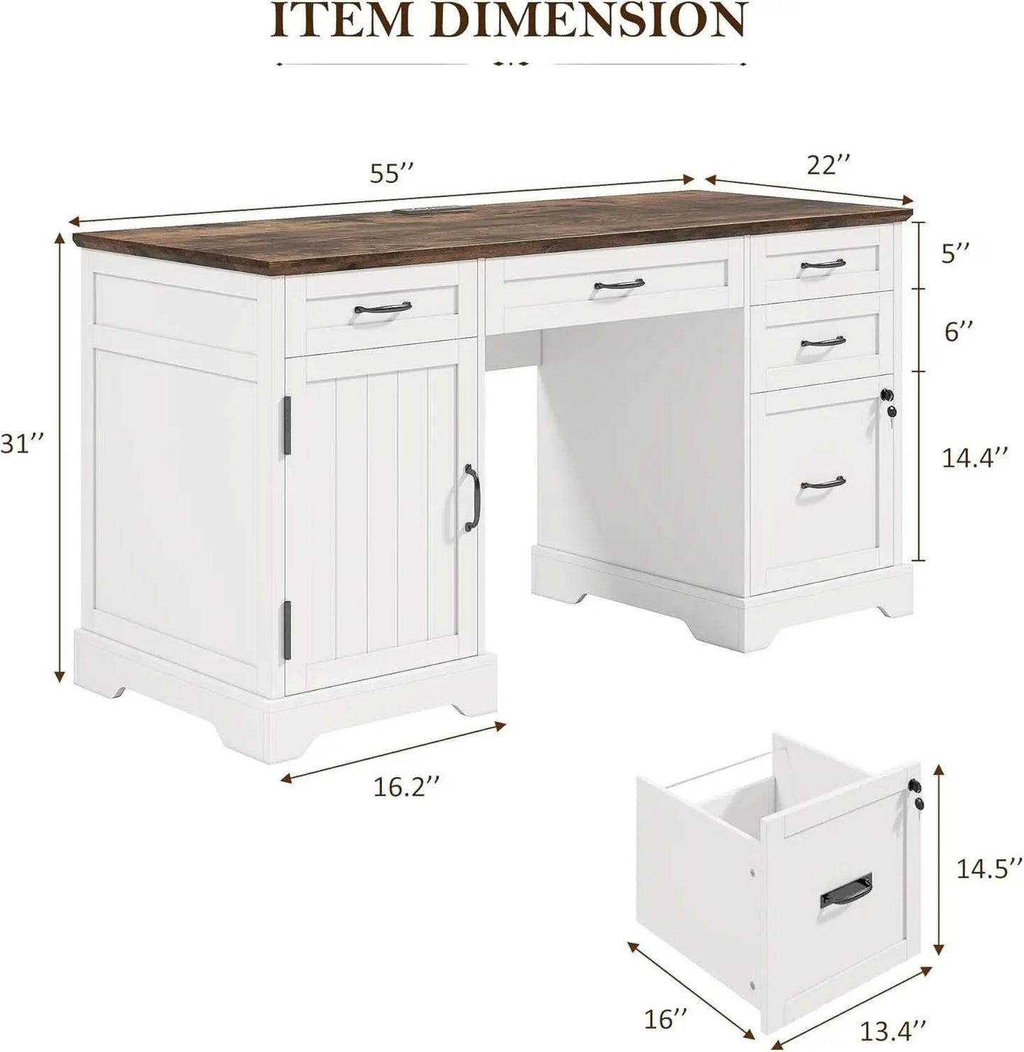 55 Inch Farmhouse Executive Desk With File Cabinet And Power Outlets from PriceLows™