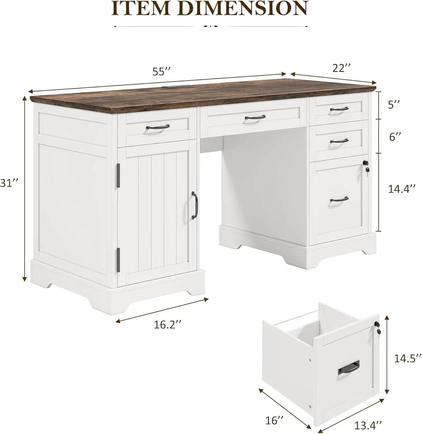55 Inch Farmhouse Executive Desk With File Cabinet And Power Outlets from PriceLows™