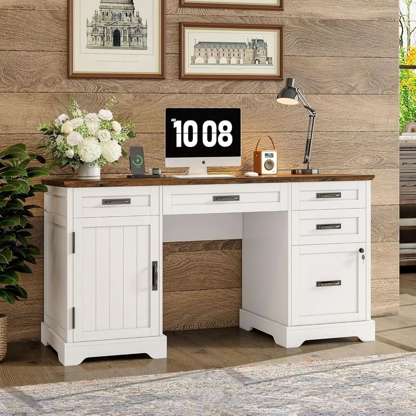 55 Inch Farmhouse Executive Desk With File Cabinet And Power Outlets from PriceLows™