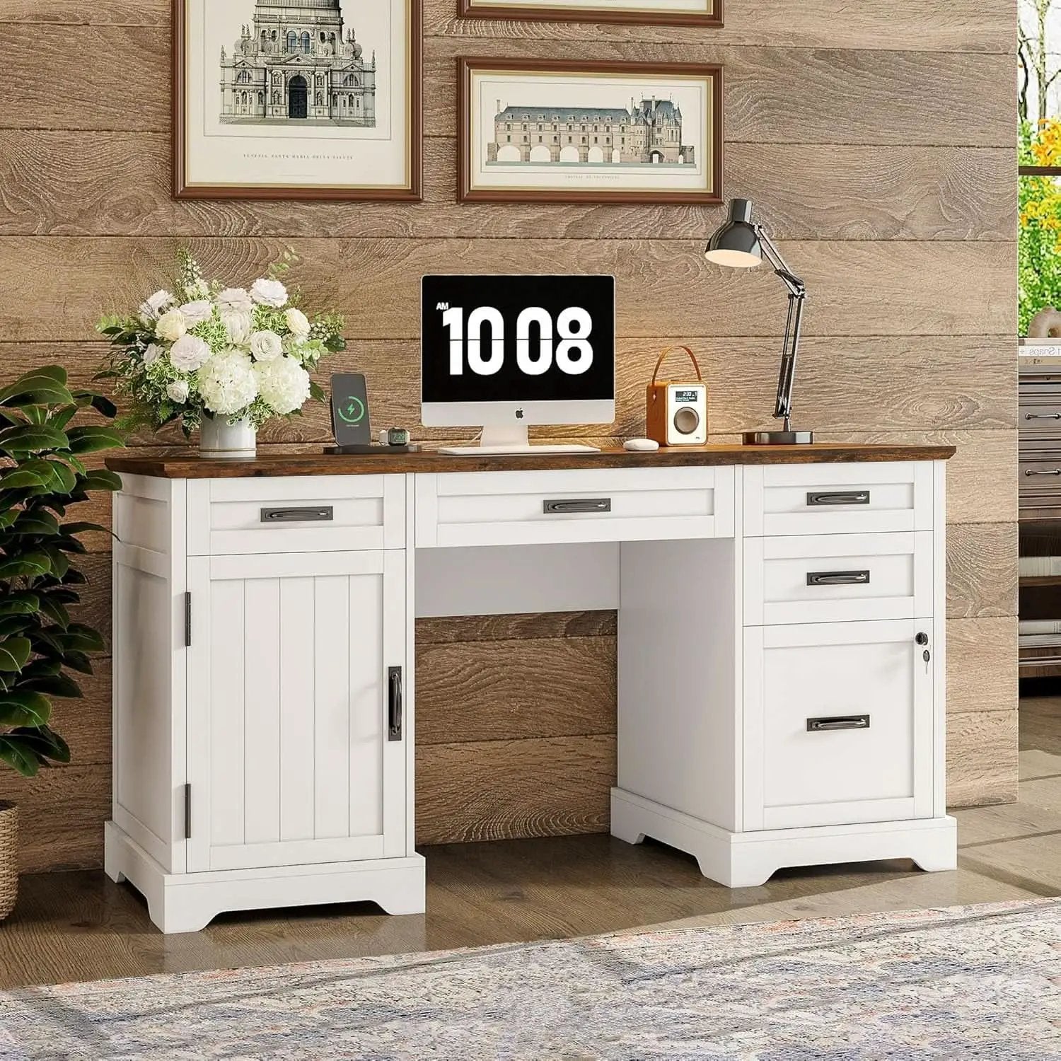 55 Inch Farmhouse Executive Desk With File Cabinet And Power Outlets from PriceLows™