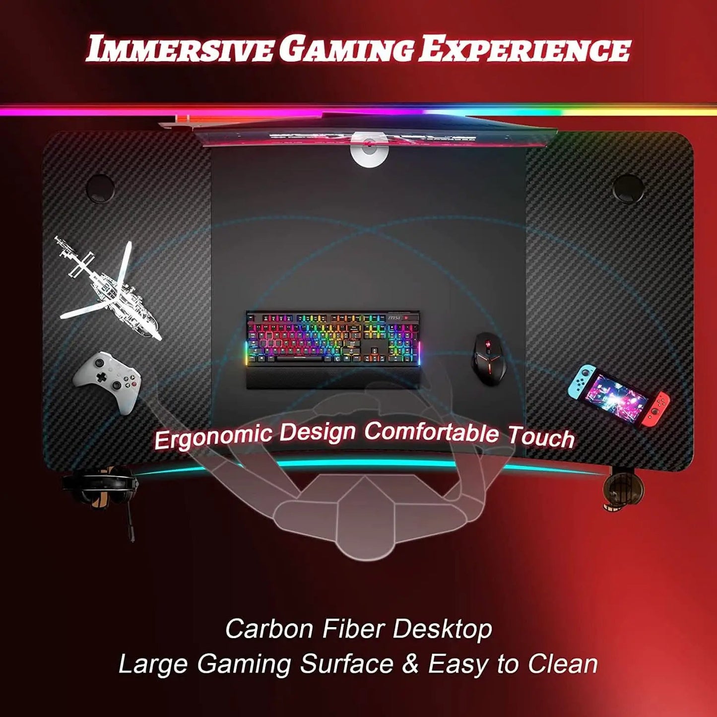 55 Inch Gaming Desk with Carbon Fibre Surface Features from PriceLows™