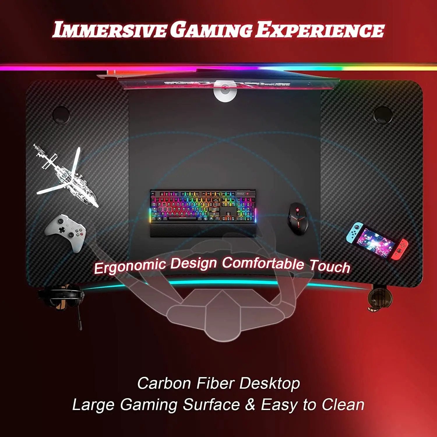 55 Inch Gaming Desk with Carbon Fibre Surface Features from PriceLows™