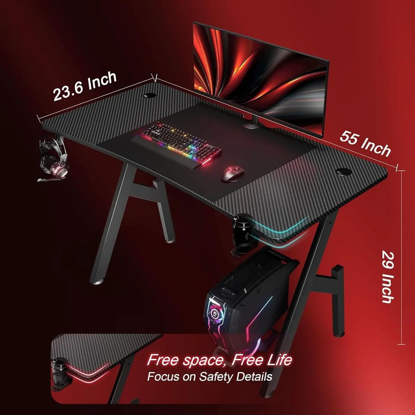 55 Inch Gaming Desk with Carbon Fibre Surface Features from PriceLows™