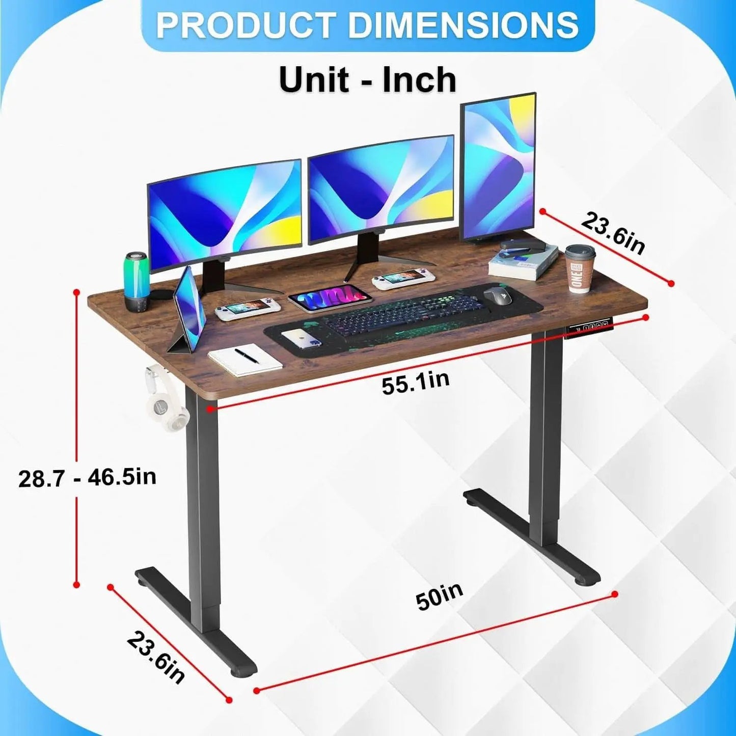 55 Inch Electric Height Adjustable Gaming Desk Brown from PriceLows™