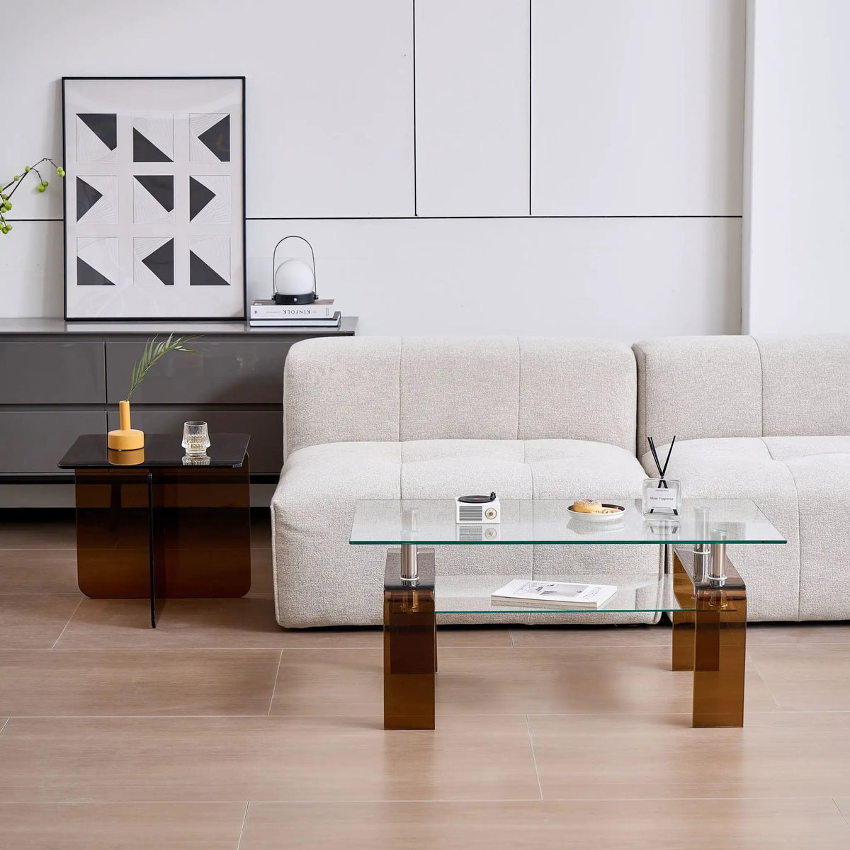Tempered Glass Coffee Table | Two Tier Storage | Modern Geometric Design