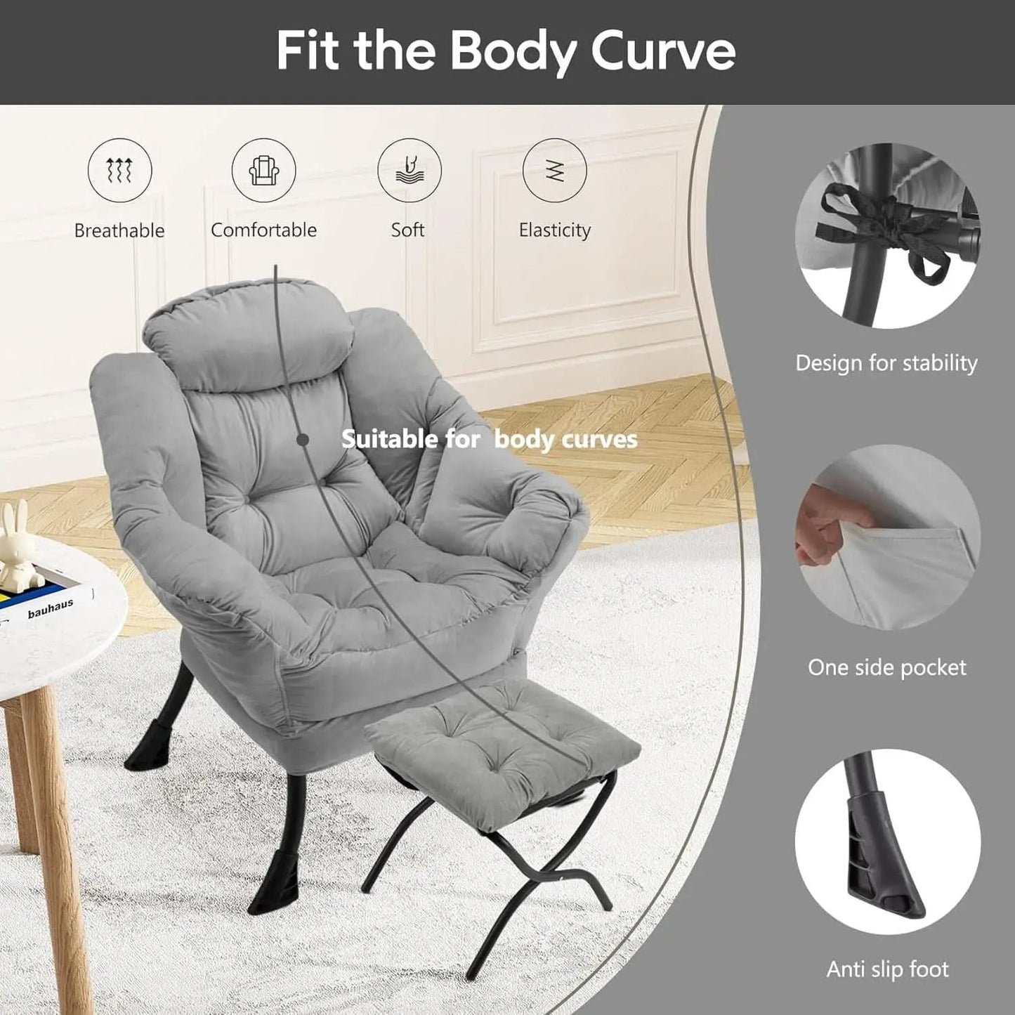 Large Light Gray Upholstered Armchair Folding Ottoman from PriceLows™