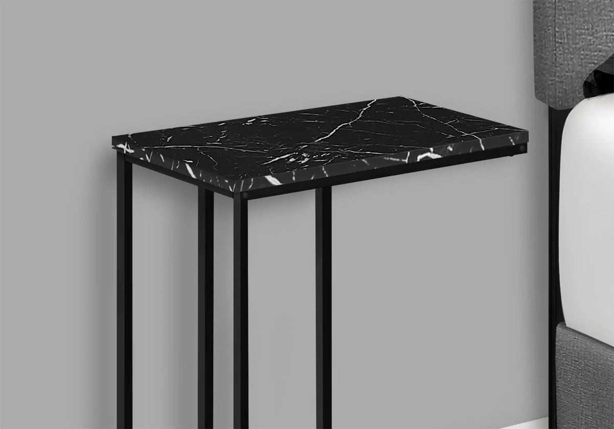 Black Marble Look C-Shaped Table | Slide Under Sofa Design | Solid Black Frame | Modern Style