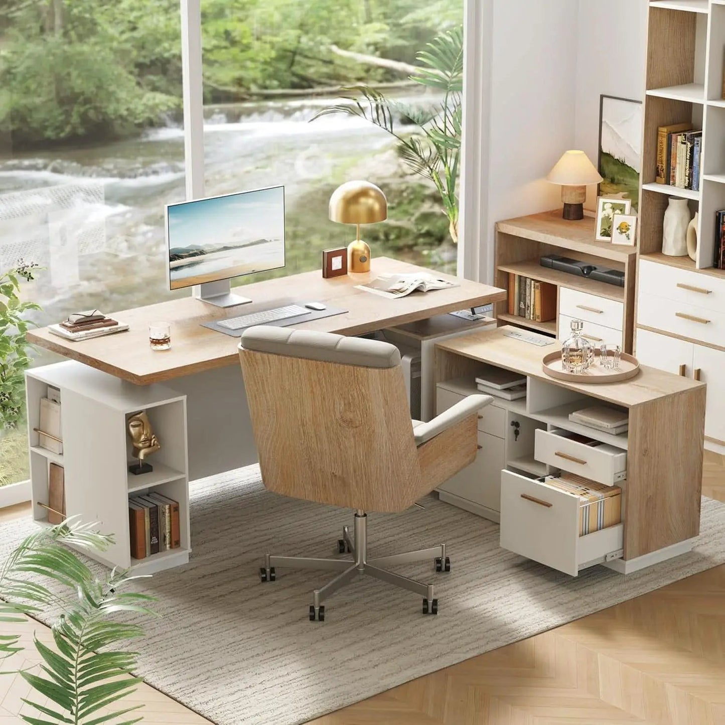 71 Inch L Shaped Standing Desk With USB Walnut Finish from PriceLows™