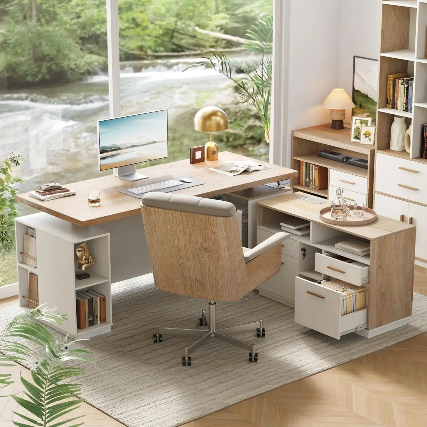 71 Inch L Shaped Standing Desk With USB Walnut Finish from PriceLows™