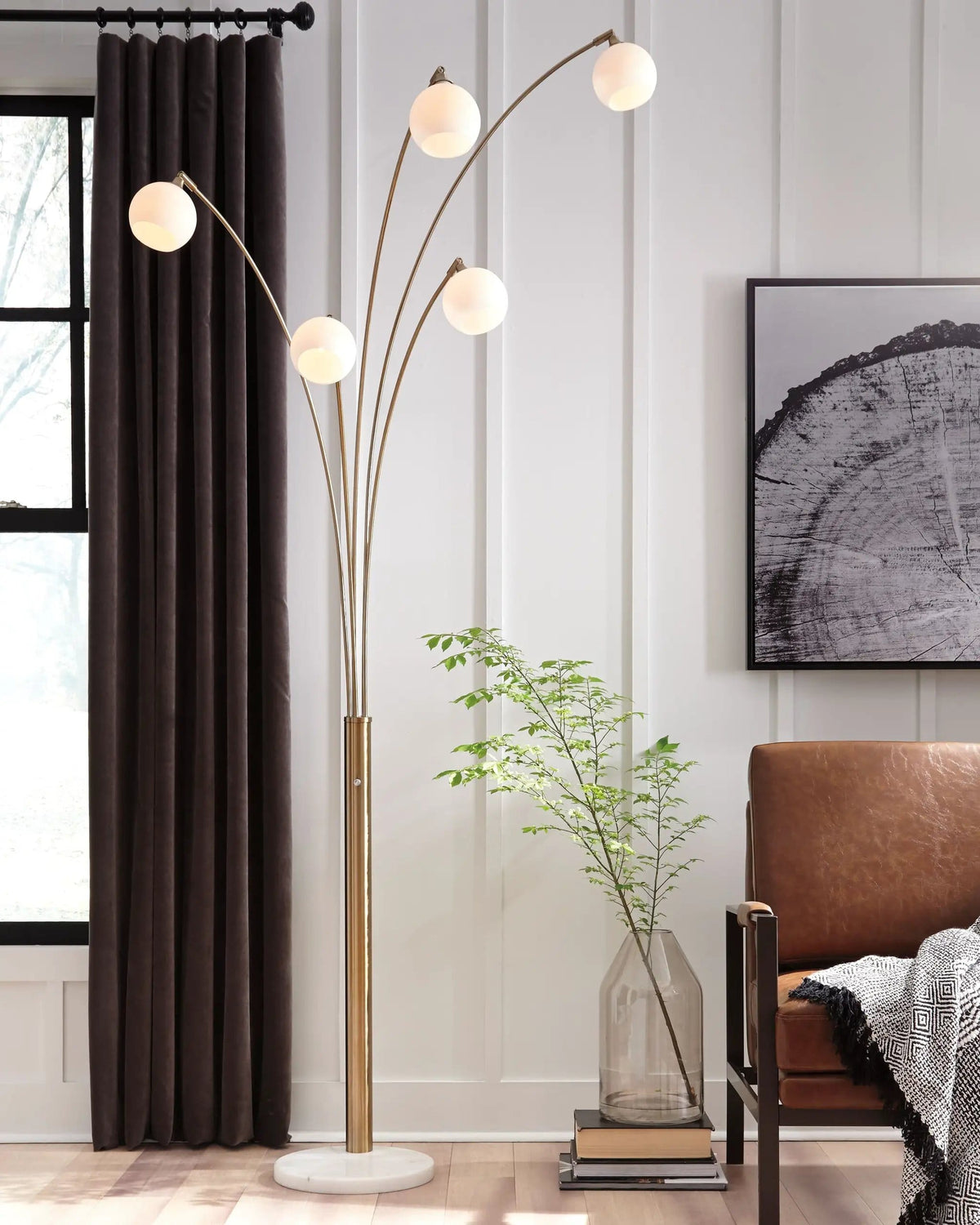 Taliya Metal Arc Lamp | 13.75 x 28 x 95 in | Marble & Glass | Champagne / White