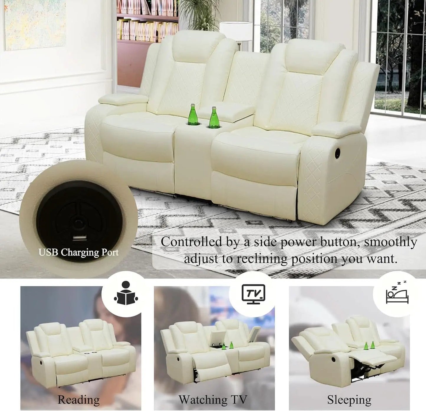 Leather Power Recliner Sofa Set Cream White With USB Port from PriceLows™