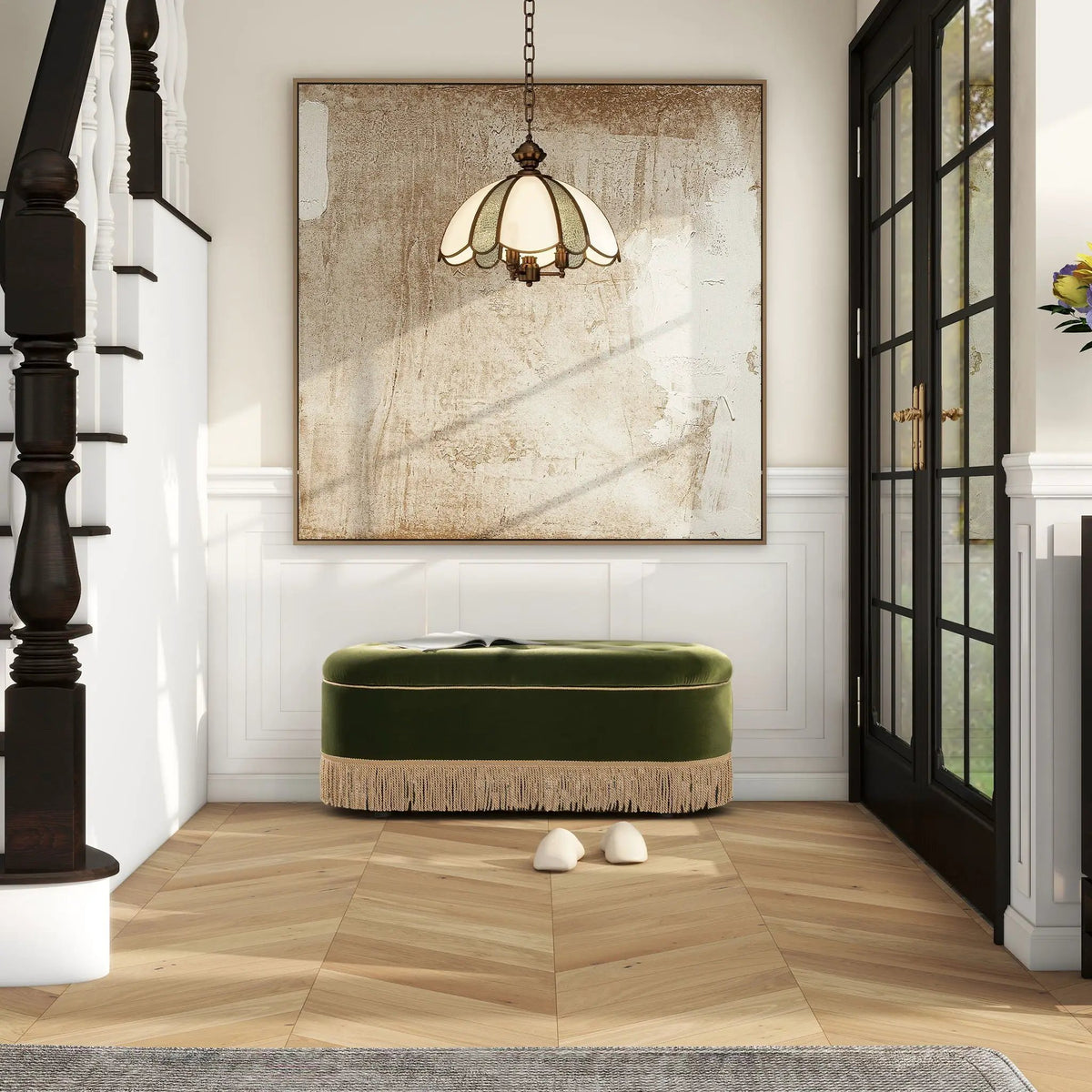 Melinda Oval Storage Bench | Button Tufted Seat | Bullion Fringe | Flip-Top Compartment