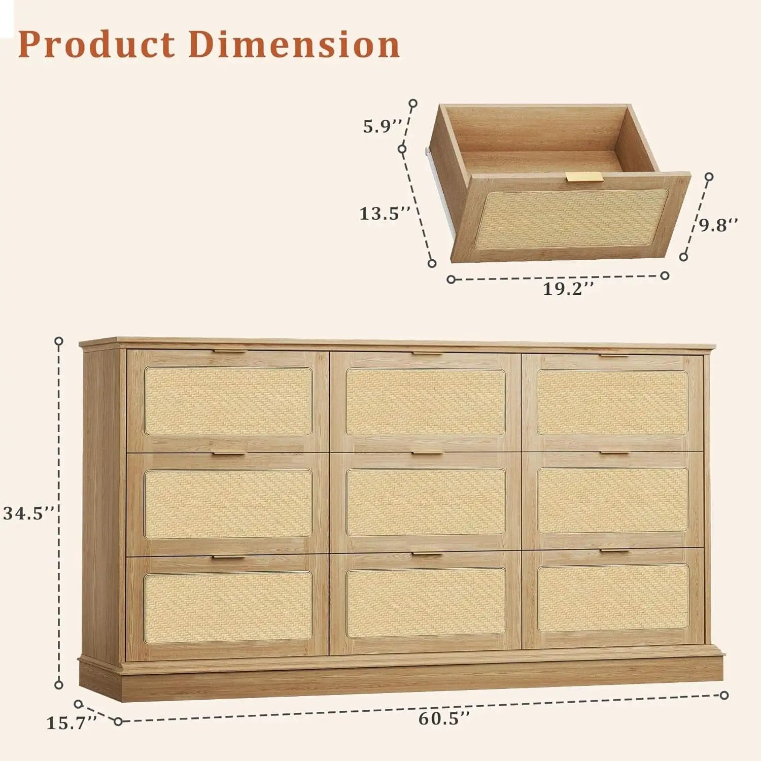 60 Inch SolidOak BohoInspired Dresser With Drawers from PriceLows™