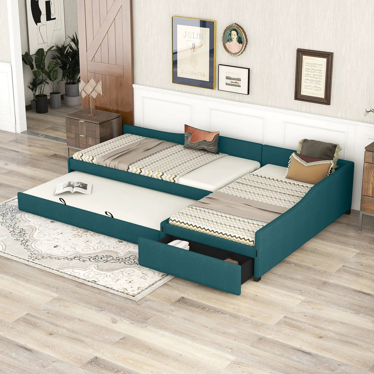 Upholstered Double Daybed | Trundle And Drawer | Two Twin Beds | 120 Inch Length