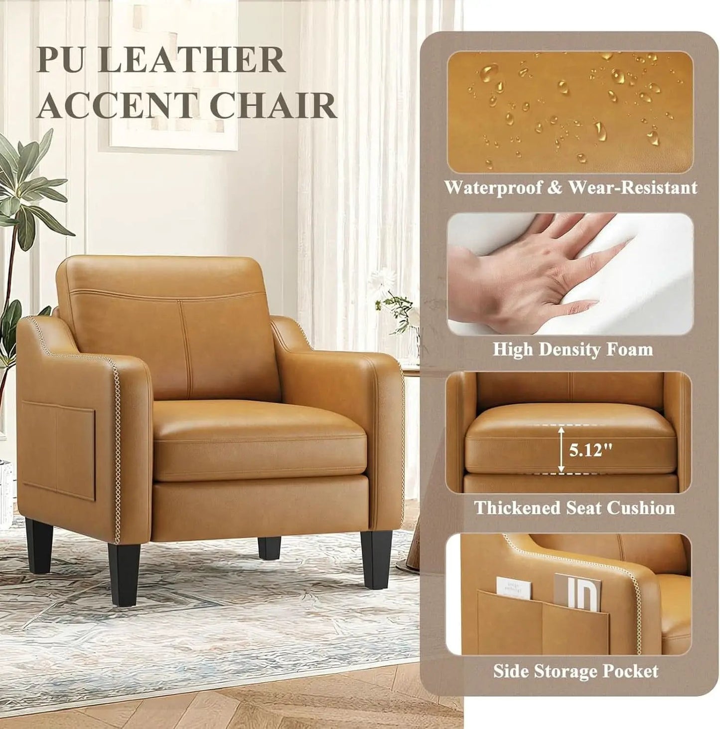 Brown PU Leather Accent Armchair With Removable Cushions from PriceLows™