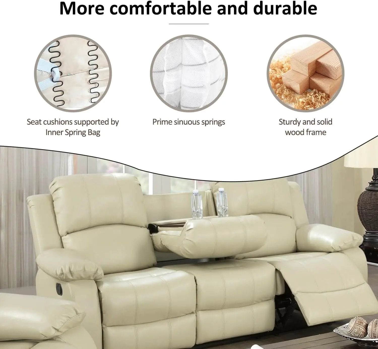 Beige Leather Recliner Sofa Set With Built In Coffee Table from PriceLows™