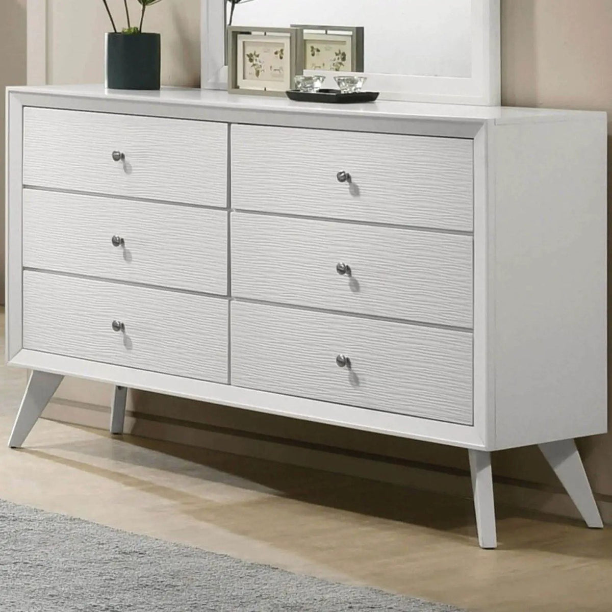 White Dresser With Mirror | Angled Legs | Round Knobs | 57.87 Inch Width