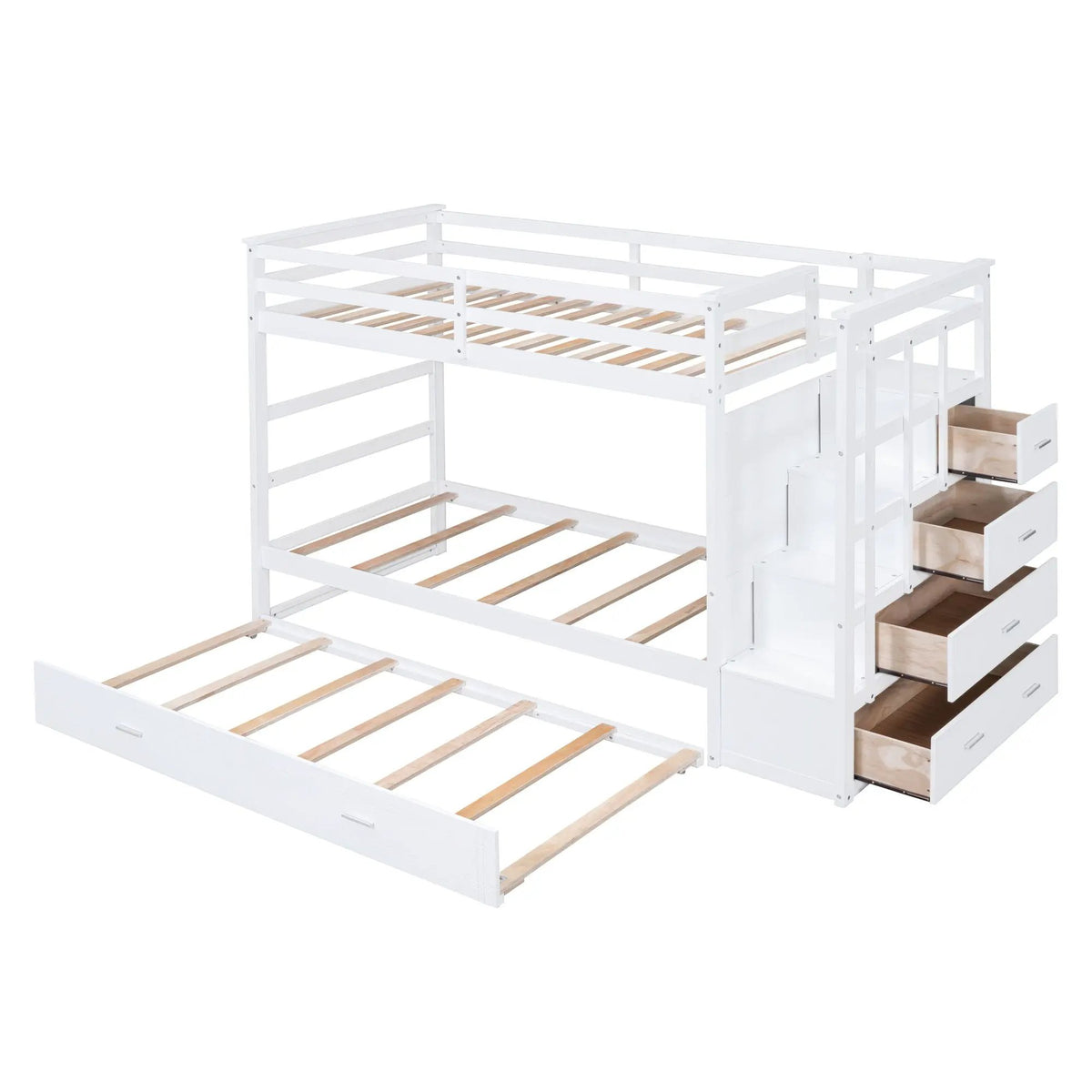Twin Over Twin Bunk Bed | Trundle And Staircase | Multifunctional Storage Stairs | White