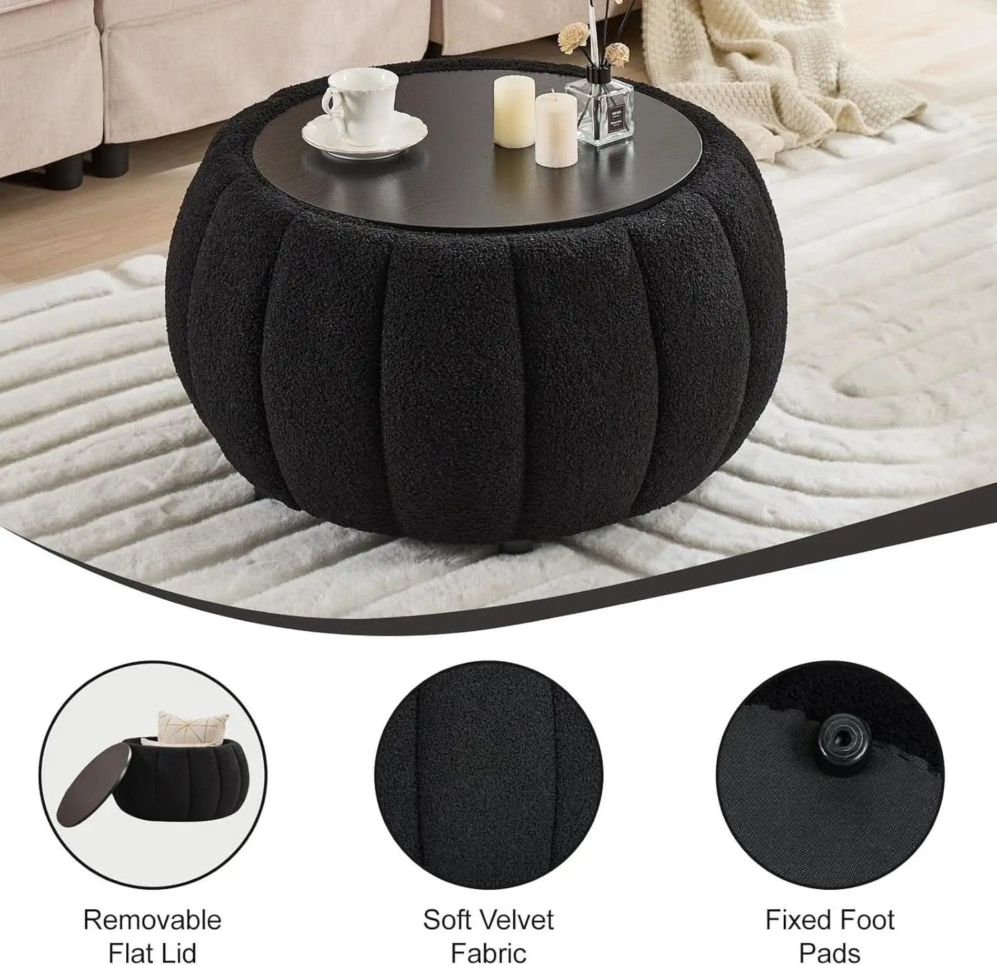 30 Inch Round Profile Teddy Fabric Hidden Storage Ottoman from PriceLows™